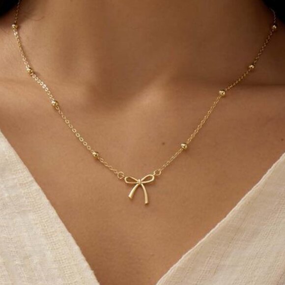 Dainty Gold Bow Necklace | 14K Gold Plated Choker | Cute Minimalist Necklace - Picture 1 of 5